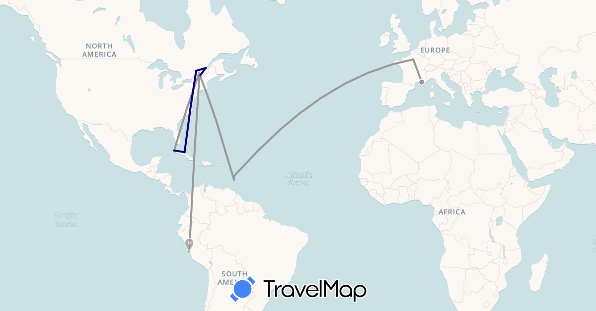 TravelMap itinerary: driving, plane, boat in Canada, Cuba, France, Martinique, Peru, United States, Saint Vincent and the Grenadines (Europe, North America, South America)